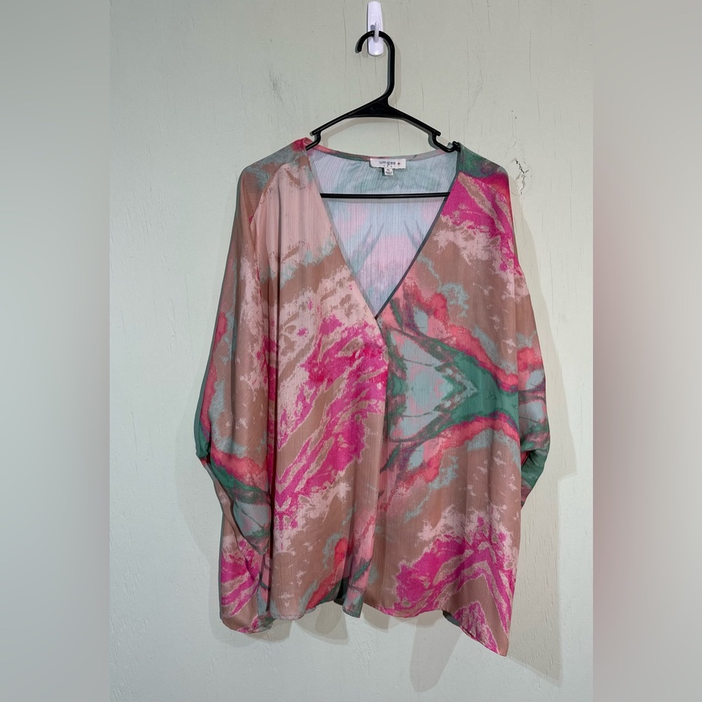 Umgee Vibrant Pink and Green Abstract Blouse